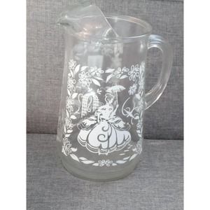Vtg Southern Bell Pitcher White Etched Heavy Glass Elegant Lady w/ Umbrella (su1